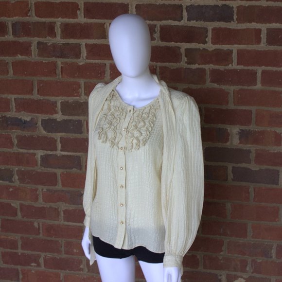 Milly of New York | Ivory 100% Silk Blouse | Long Sleeve, Ruffles & Tie Neck | 2 - Picture 4 of 12